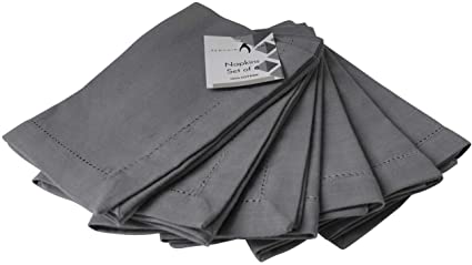 Penguin Home 100% Linen Look With Faggoting Hemstictch Napkins-45 x 45cm-Set of 6-Grey solid, Cotton, 45 x 45cm