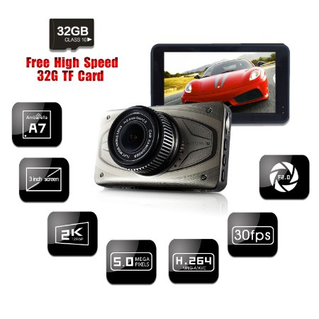 Car Camera Recorder,Mostfeel Night Vision Ambarella A7 Full HD 2304*1296P Car DVR Dash Camera with 3" LCD Screen, 170° Viewing Angle, G-Sensor, HDR, 32GB TF Card-Black