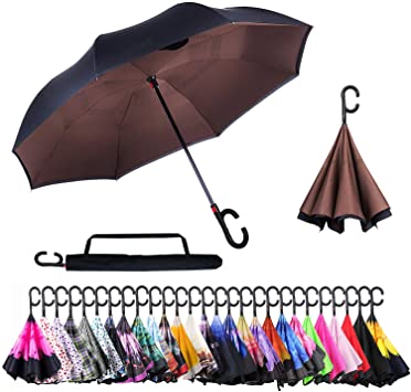 OUTDOOR WIND Double Layer Inverted Umbrella with C-Shaped Handle and Carrying Bag，Anti-UV Waterproof Windproof Straight Umbrella for Car Rain Outdoor Use(Brown)