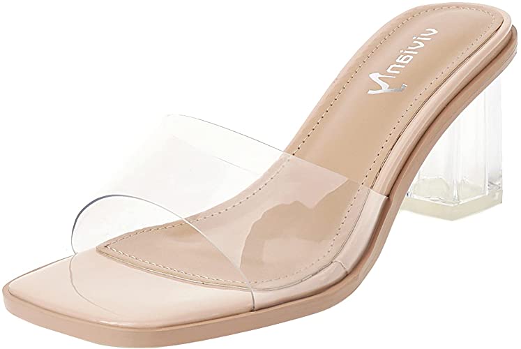 vivianly Womens Clear Heels Sandals Transparent Chunky Heels Backless Open Toe Slip on Mules Heeled Slipper Dress Shoes