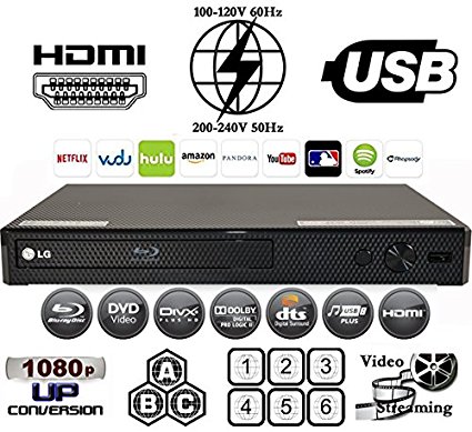 LG BP255 Multi System All Zone Region Free Blu Ray DVD Player   6FT HDMI cable & M-System Plug adapter bundle Package