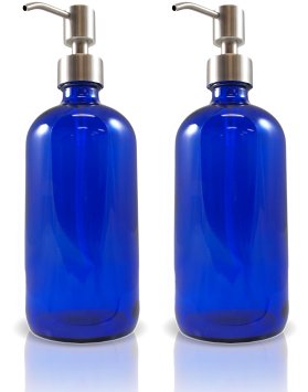 16oz Cobalt Glass Boston Round Bottles with Stainless Steel Pumps, Great As Glass Essential Oil Bottles, Glass Lotion Bottles, Glass Soap Bottles, and More (2 Pack)