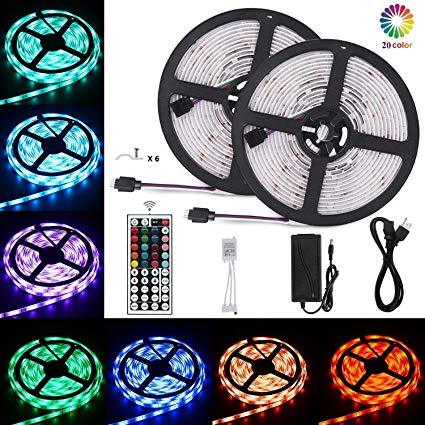 LED Strip Light 16.4ft(5m) RGB Waterproof SMD 5050 LED Rope Lighting Color Changing Full Kit with 44-keys IR Remote Controller for Kitchen, Bedroom, Bar, Party, TV Backlight (32.8ft 5050 Strips)