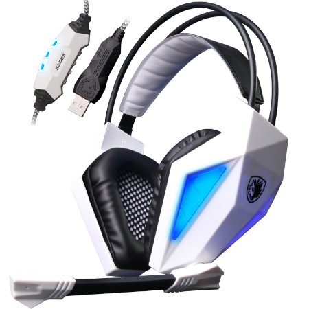 SADES® SA710 7.1 Surround Sound Stereo Pro PC USB Gaming Headsets Gaming Headphone USB Professional Over Ear Stereo Gaming Headset with LED Noise Cancellation & Wonderful Sound Effect Music Earphones for Desktop Notebook Laptop(White)