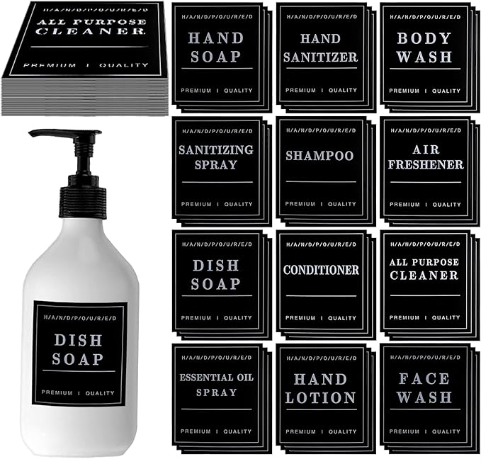 36PCS Waterproof Labels for Bottles, Bathroom Hand Soap and Lotion Labels Shampoo Conditioner Soap Dispenser Labels Stickers, Removable Cleaning Bathroom Labels for Glass or Plastic Bottles