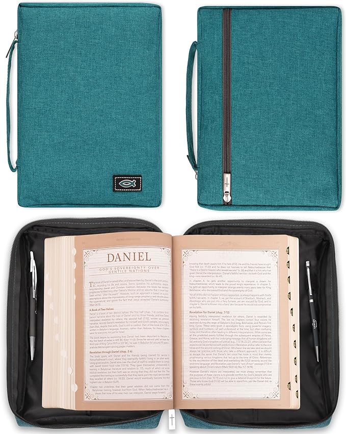 Christian Art Gifts Men/Women's Bible Cover Jesus Fish, Teal Canvas, Small