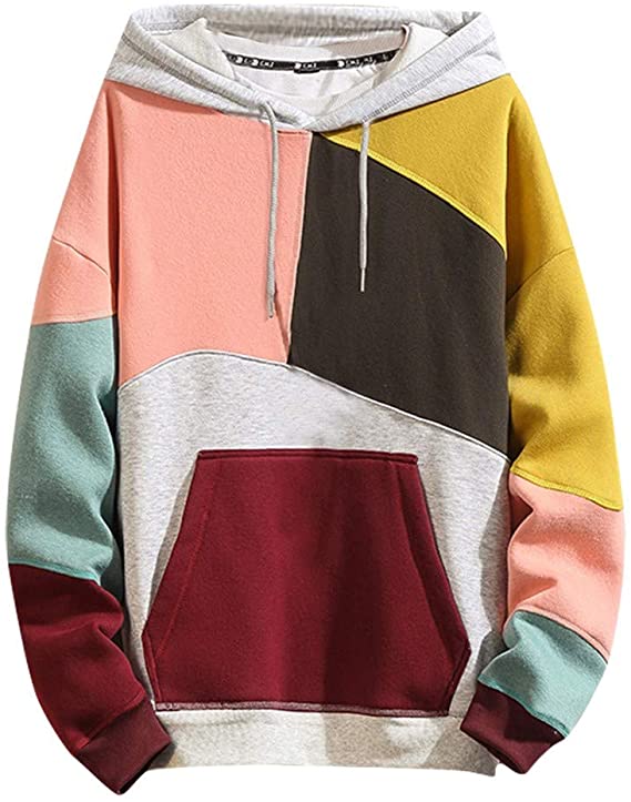 Landscap Fashion Hoodies Men's Casual Color Block Plus Size O-Neck Patchwork Hooded Sweatshirt Pullover