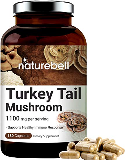 Maximum Strength Organic Turkey Tail Mushroom Capsules, 1100mg Per Serving, 180 Capsules, Powerfully Supports Positive Mood, Mind and Promote Healthy Nervous System, Non-GMO and Made in U.S