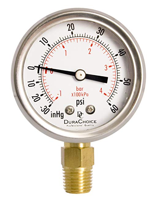 2" Oil Filled Vacuum Pressure Gauge - Stainless Steel Case, Brass, 1/4" NPT, Lower Mount Connection, 30HG/60PSI