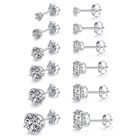 MASOP 3-8mm Sterling Silver Cubic Zirconia Stud Earrings Set Hypoallergenic 14K White Gold Plated Round Cut CZ Simulated Diamond Cartilage Studs for Girls Women Men