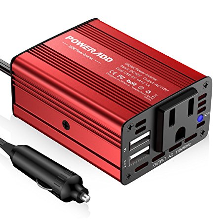 Poweradd 150W Car Power Inverter 12V/DC to 110V/AC Converter with Dual USB Ports (3.1A Total) for Smartphones, Tablet, Laptop, Breast pump, Nebulizer and More - Red