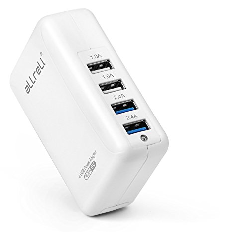 aLLreli® 34W / 6.8 A 4-Port USB Wall Charger Power Adapter with Removeable Plug Portable Travel Charger For iPhone 5 4S 4, iPad Mini 4 Air Retina, Samsung Galaxy S5 S4 S3 Note 3 2, Galaxy Tab 3 2, HTC, Google Nexus 5/7/10 Android Smartphones, Tablets, Google Glass [Color: White]