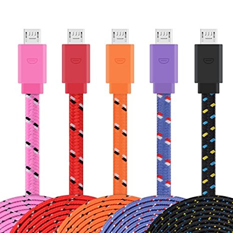 Micro USB Cable, MaxMall 5-Pack High Speed 3FT Premium Flat Nylon Braided USB 2.0 A Male to Micro B Sync Data and Charger Cable for Android, Samsung Galaxy, HTC, Sony, Nokia and More Android Devices