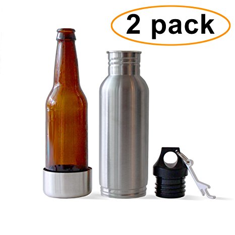 Stainless Steel Bottle Insulator Coolers - 2 Pack - Keep Beer or Beverage Ice Cold Longer - Fits most 12 oz bottles - Holder uses Liquid Tight Seal with Opener