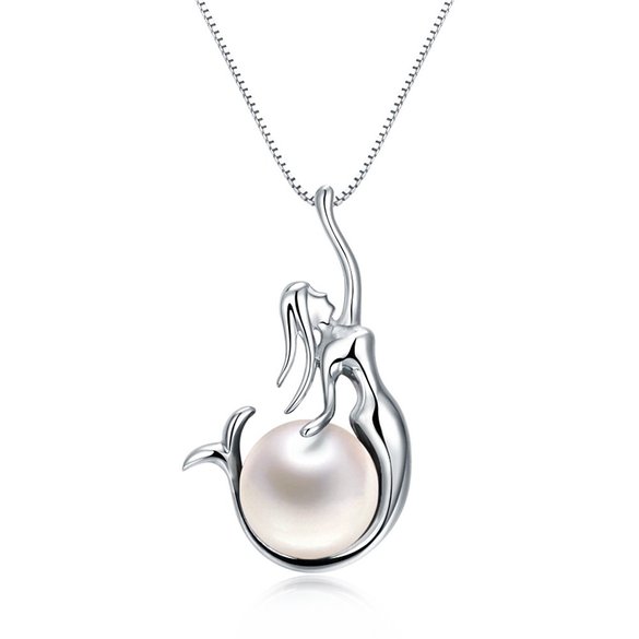 WRISTCHIE® Womens Fashion Jewelry 925 Sterling Silver Pearl and Mermaid Pendant Necklace 18"