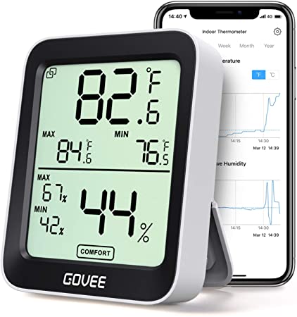 Govee Thermometer Hygrometer, Accurate Indoor Temperature Humidity Sensor with Notification Alert, LCD Bluetooth Temp Humidity Monitor with Data Storage for House Garage Greenhouse Wine Cellar