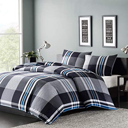 Ink+Ivy Nathan King Comforter Set Teen Boy Bedding - Grey, Plaid – 3 Piece Bed Sets – 100% Cotton Yarn Bed Comforter