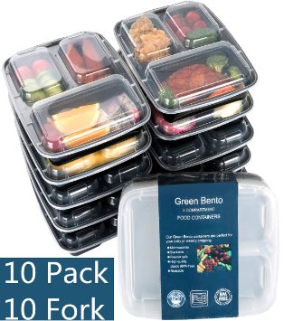 10 Pack-3 Compartment Food Container with Lids for Portion Control Square Divided Plate Bento Lunch Pack Container Box Set-Microwave Dishwasher Safe 10 Forks Inside