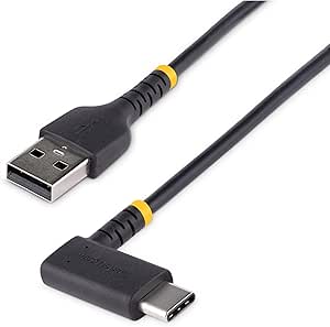 StarTech.com 1ft (30cm) USB A to C Charging Cable Right Angle - Heavy Duty Fast Charge USB-C Cable - USB 2.0 A to Type-C - Rugged Aramid Fiber - 3A - USB Charging Cord (R2ACR-30C-USB-CABLE)