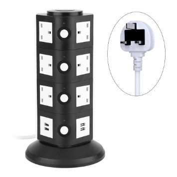 Extension Lead 14-Outlet Socket with 4-USB Port Charger - UK Plug Overload Protection Adaptor Power Strip with 6.5 Feet Cord (Black and White)