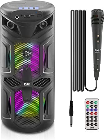 Portable Bluetooth PA Speaker - 200W Dual 4" Rechargeable Outdoor BT Karaoke Audio System - TWS, Party Lights, LED Display, FM/AUX/MP3/USB, 6.5mm in, Carry Handle - Wireless Mic, Remote