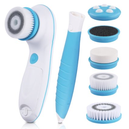 DBPOWER 6 in 1 Waterproof Electric Facial and Body Cleansing Brush with 2 Speed Settings for Skin Care Include Detachable Handle and 5 Brush Heads and Cute Cosmetic Bag blue