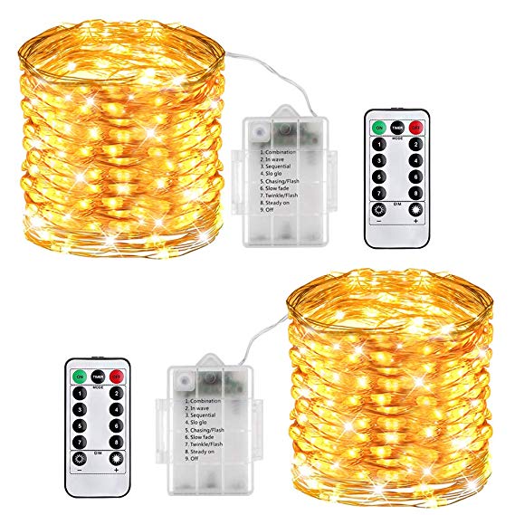 LED String Lights, 8 Modes Copper Wire Fairy Christmas Light with Remote Control, 33ft/10M 100LEDs, Soothing Décoration for Your Home & Bedroom Patio, Weddings, Parties Waterproof- 2 Pack