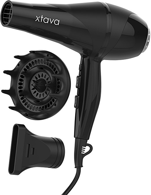 xtava Curly Hair Kit (Black) - Xtava 2200W Hair Dryer and Black Orchid Large Hair Diffuser Combo