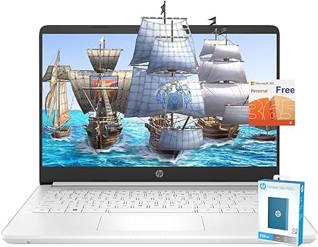 Hp Newest 14" Ultral Light Laptop, 314GB Storage(64GB eMMC 250GB Portable SSD), Intel Quad-Core N4120, 1 Year Office 365, HDMI, WiFi, USB-A&C, Long Battery Life, Win 11S (16GB RAM, White)