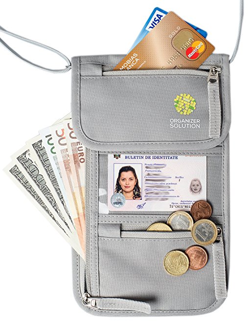 Passport Holder by Organizer Solution, Travel Wallet with Rfid, Neck Pouch (Light Grey)