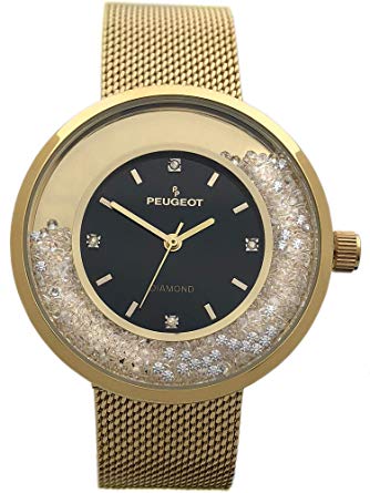 Peugeot Women's Luxury Watch, 14k Gold Plated Mesh Band with Diamond Accent Dial and Floating Genuine CZ Crystals.