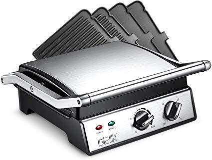 DEIK Panini Press, 6-in-1 Smokeless Indoor Grill with Timer and Temperature Control, 4 Non-Stick Removable Plates, Opens 180 Degrees for Panini, Grilled Meat, Steaks