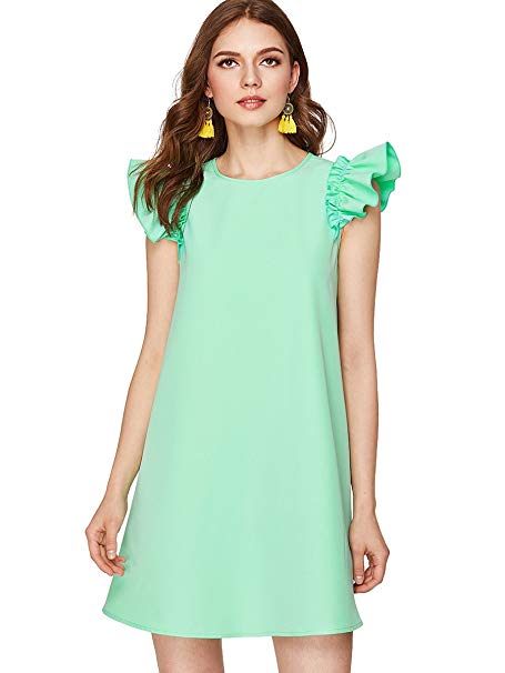 Romwe Women's Ruffle Trim Sleeve Summer Beach A Line Loose Swing Dress