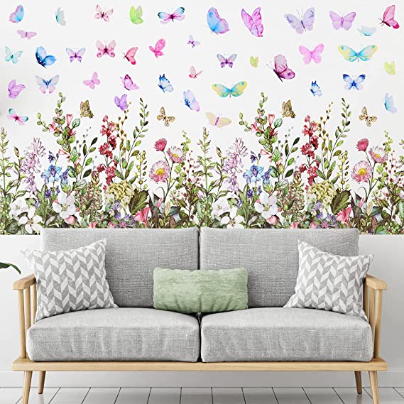 4 Pieces Flower Wall Stickers Decals Garden Butterflies Stickers Removable Vinyl Floral Wall Stickers Peel and Stick Colorful Plants Wall Decal for Kids Room Nursery Classroom Bedroom Home Decoration