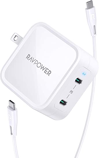 USB C Charger RAVPower 65W Fast Wall Charger, PD3.0 & GaN Tech 2-Port Power Adapter Type C Compact Foldable Travel Charger for iPhone 12 Mini Pro Max, MacBook Pro, Galaxy, Switch and More