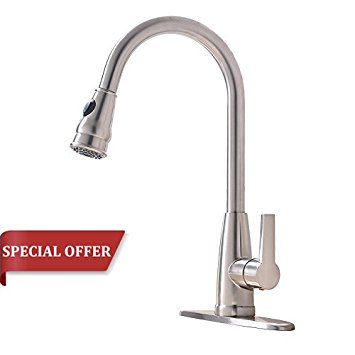 High-Arch Contemporary Commercial Pull Down Sprayer Single Lever Handle Brushed Nickle Kitchen Sink Faucets, Pull Out Kitchen Faucet With Deck Plate