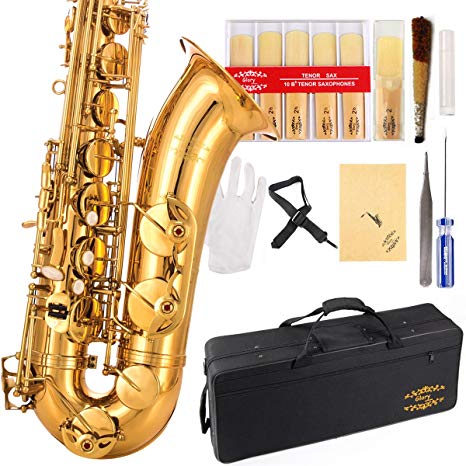 Glory Gold Laquer B Flat Tenor Saxophone with Case,10pc Reeds,Mouth Piece,Screw Driver,Nipper. A pair of gloves, Soft Cleaning Cloth.