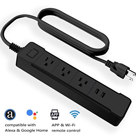Wifi Smart Power Strip, Surge Protector Flat Plug Socket with 3 AC Multi Outlets 2 USB Ports 6 Foot Extension Cord, Individual Timer On Off via APP, Voice Remote Controlled by Alexa Google Home, Black
