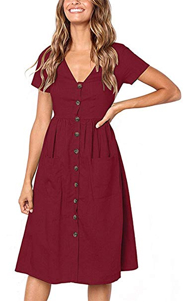 Angashion Women's Dresses-Short Sleeve V Neck Button T Shirt Midi Skater Dress with Pockets