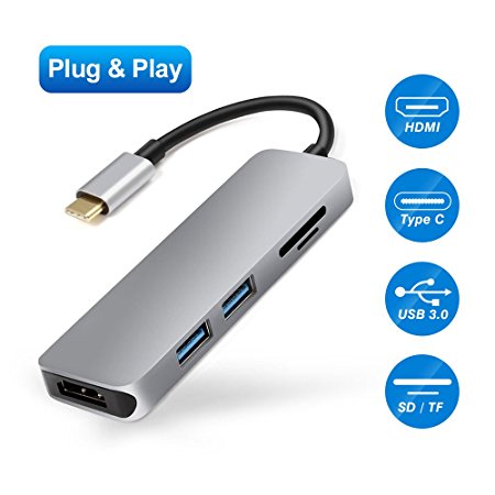USB C Hub, Type C Hub Adapter with HDMI 4K Output, 2 USB 3.0 Ports, Micro SD / TF & SD Card Reader, Multi-use 5 in 1 for MacBook Pro 2015 - 2017, ChromeBook, Samsung S8 & More USB C Devices (Silver)