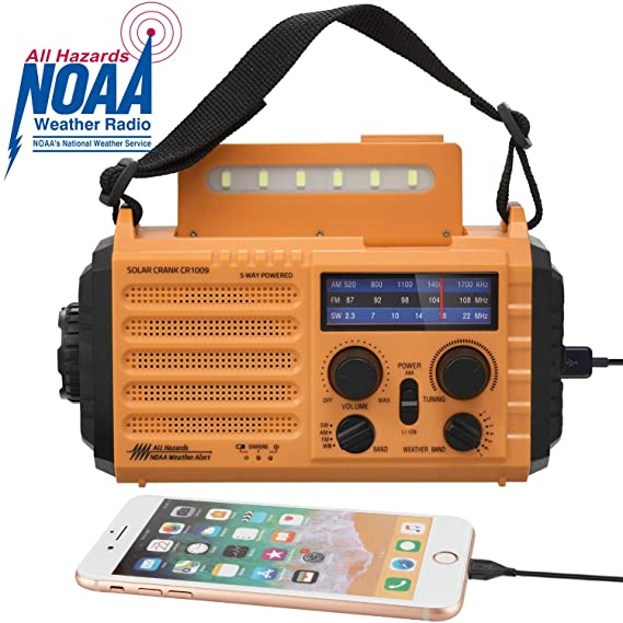 Solar Hand Crank Portable NOAA Weather Radio, 5-Way Powered AM/FM/SW Emergency Radio for Household and Outdoor with 2000mAh Battery Power Bank,USB Charger,SOS Alarm&Compass,LED Flashlight,Reading Lamp