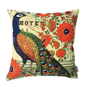 Monkeysell Peacock Pattern Vintage Cotton Linen Square Throw Pillow Case Decorative Cushion Cover Pillowcase Cushion Case for Sofa,Bed,Chair18 X 18 Inch (S018A4)