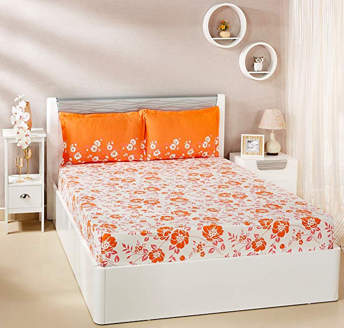 Amazon Brand - Solimo Jasmine Zest 144 TC 100% Cotton Double Bedsheet with 2 Pillow Covers, Peach