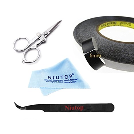 NIUTOP Adhesive Sticker Double Sided Tape Sticky Glue Tape 5mm Wide 50M long with Tool Set Kits Tweezers Cleaning Clotch Scissors for iPhone 6 iPhone 6 plus iPhone 5 5S 5C 4S 4 iPad Air iPad Mini iMac Macbook Samsung Galaxy S5 S4 S3 S2 i9300 i9500 Note 3 Note 2 HTC One M7 M8 Moto X Google Nexus 4 5 6 7 9 10 LG Optimus G2 G3 SAMSUNG GALAXY Tab ASUS DELL Huawei Xiaomi Lenovo HP Acer Sony Nokia Blu blackberry Android Tablet Pc Laptop Computer Smartphones GPS Gopro Hero Camera PSP NDS LCD Display Touch screen Digitizer Glass housing cover Repair Fix   1 pair of Tweezers 1 Cleaning Clotch and 1 pair of Special Scissors for Free (5mm Black)