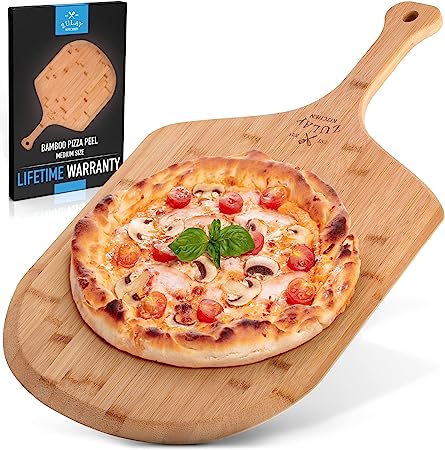 Zulay (Medium 12") Authentic Bamboo Pizza Peel Wood - Natural Bamboo Pizza Paddle with Easy Glide Edges & Handle for Baking - Medium Wood Pizza Peel for Transferring & Serving