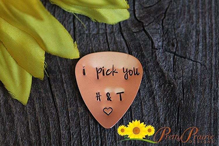 Personalized I Pick You Guitar Pick - Heart Stamp Plus Initials - Hand Made for Dad, Boyfriend - Custom Accessory for Guitar Lover - Handstamped Handmade