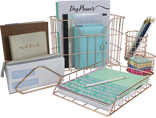 Sorbus Desk Organizer Set, 5-Piece Desk Accessories Set Includes Pencil Cup Holder, Letter Sorter, Letter Tray, Hanging File Organizer, and Sticky Note Holder for Home Or Office (Rose Gold)