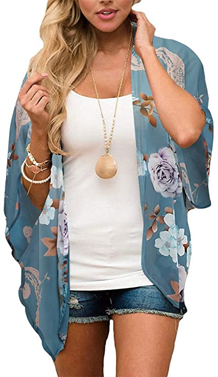 Women's Floral Print Puff Sleeve Kimono Cardigan Loose Cover Up Casual Blouse Tops