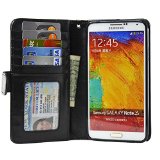 Navor Samsung Galaxy Note 3 Book Style Folio Wallet Leather Case with Money Pocket Card and ID Window Slots Black