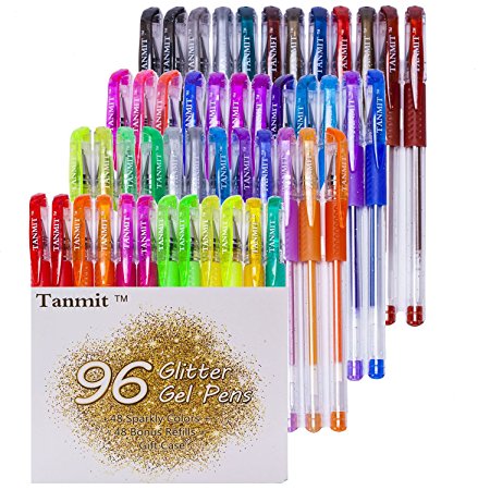 Tanmit Glitter Gel Pens, 96 Gel Color Glitter Pens Set with Grip Including 48 Sparkly Colors & 48 Refills for Adult Coloring Books Crafting Drawing Art Markers